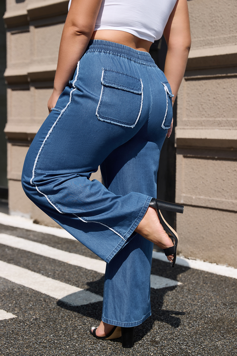 Dark Blue Plus Size Stitching Washed Flare Jeans