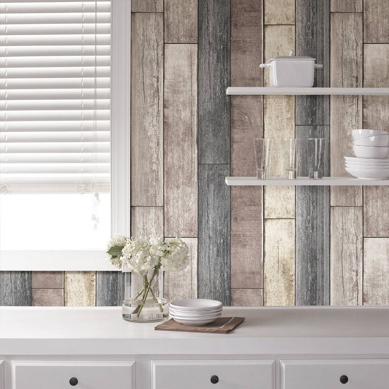 NuWallpaper Reclaimed Wood Plank Natural Peel & Stick Wallpaper Gray