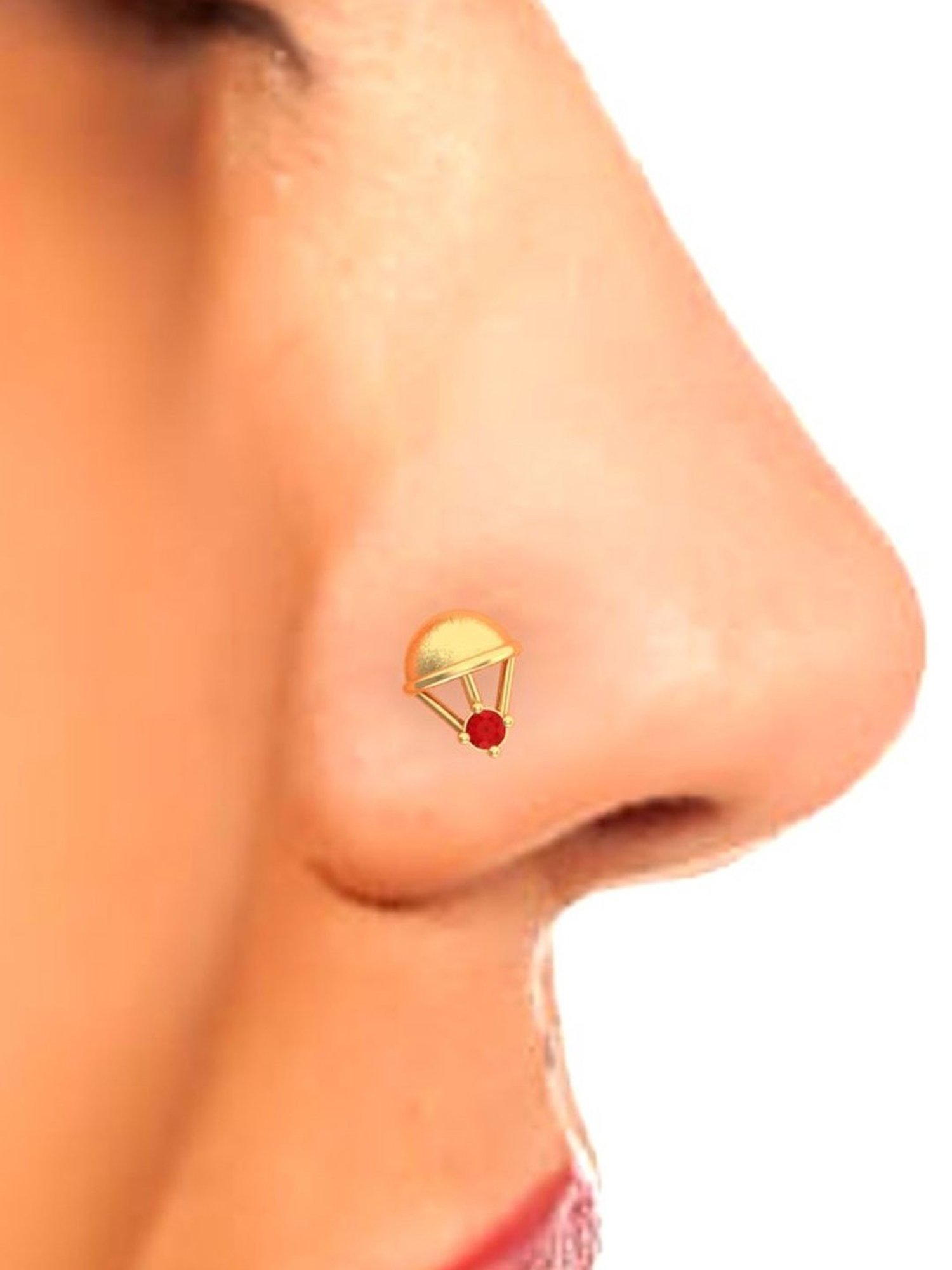 P.C. Chandra Jewellers 14k Gold Parachute Shape Red Stone Nosepin