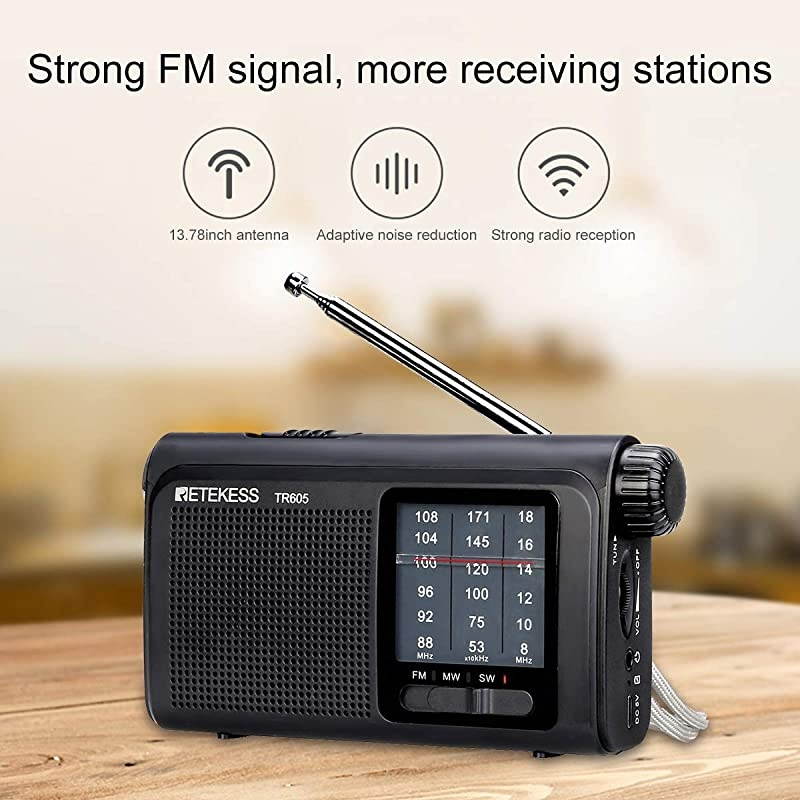 TR605 AM FM Radio Portable Transistor Radio Battery Operated Portable Shortwave Radio with LED Flashlight Earphone Jack for Bedroom Black