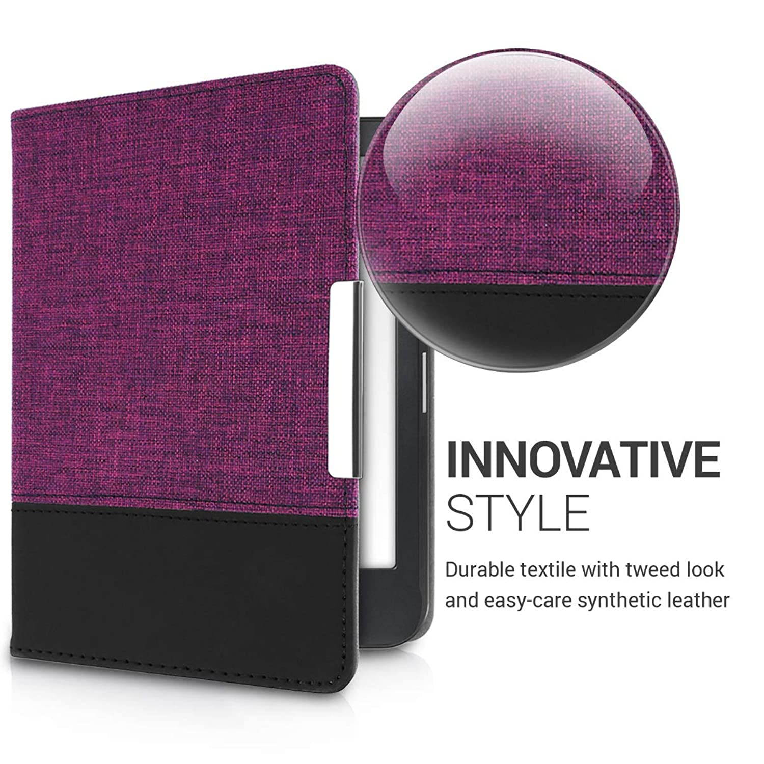 kwmobile Case Compatible with Kobo Clara HD - PU Leather and Canvas e-Reader Cover - Violet/Black