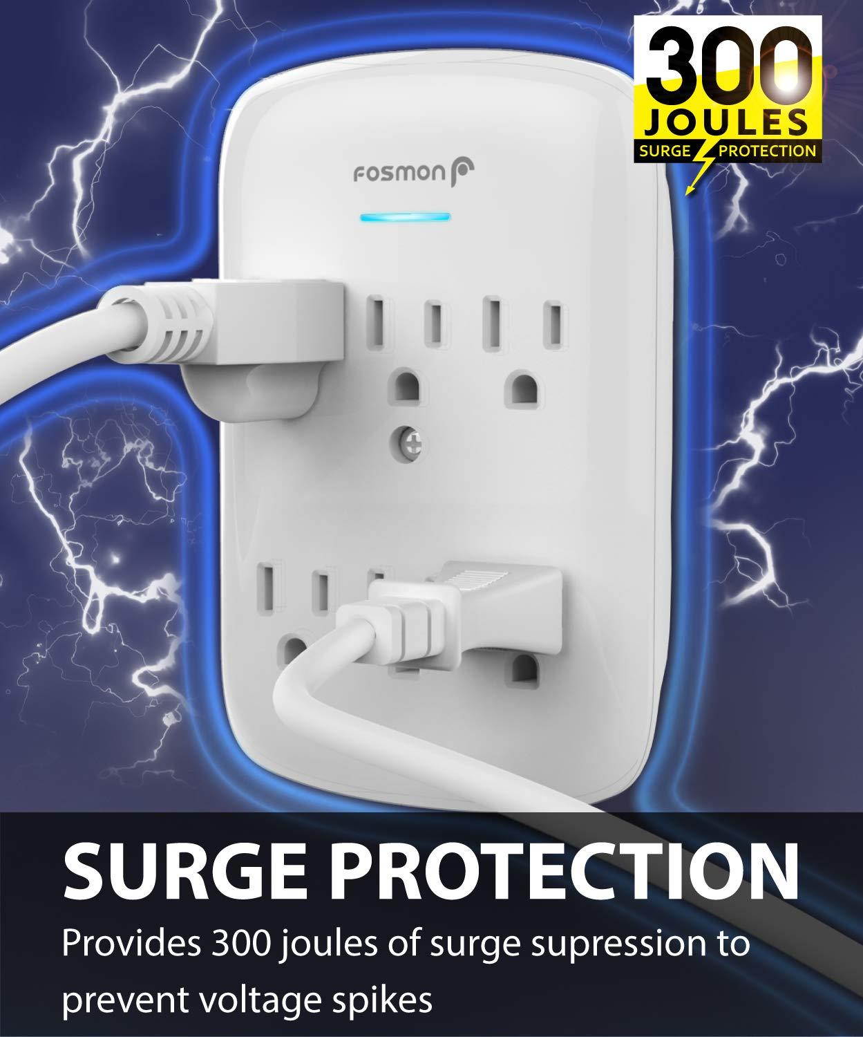 6 Outlet Wall Mount Surge Protector (2 Pack), Fosmon 3-Prong Surge Suppression 900 Joules, 15A 125VAC 60Hz 1875Watts Wall Outlet Adapter, Grounded LED, ETL Listed - White