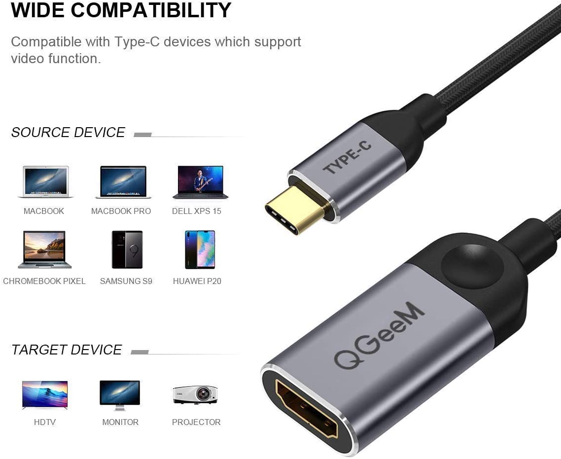 QGeeM USB C to HDMI Adapter 4K Cable, USB Type-C to HDMI Adapter [Thunderbolt 3 Compatible] MacBook Pro 2018/2017, Samsung Galaxy S9/S8, Surface Book 2, Dell XPS 13/15, Pixelbook More
