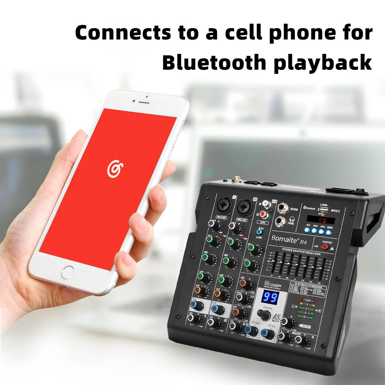 Bomaite B4 Portable 4-Channel Mixing Console Mixer 7-band EQ Built-in 48V Phantom Power Supports BT Connection USB MP3 Player for Computer Recording, Bands