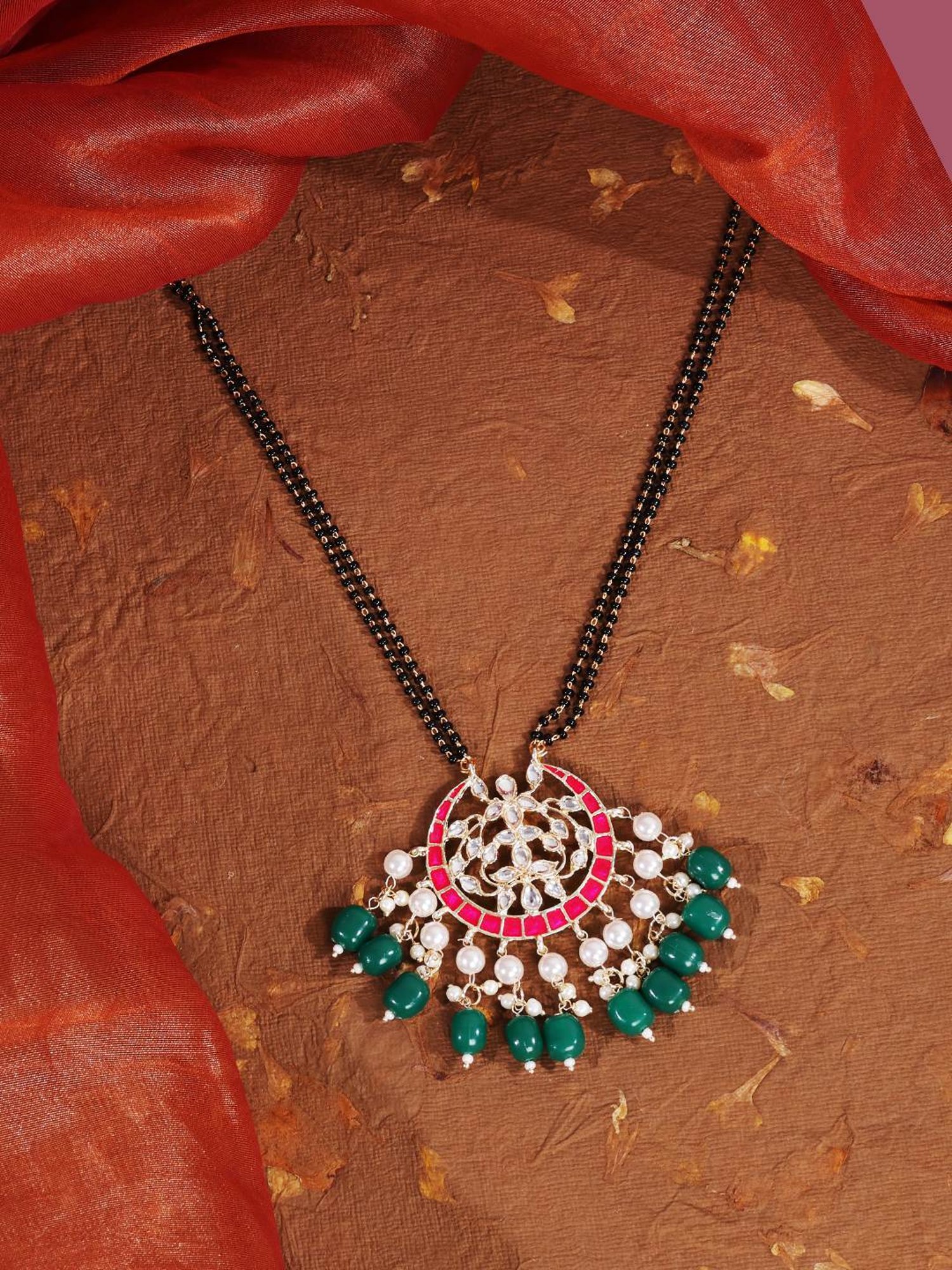 Abdesigns Gold-Plated American Diamond & Black Beaded Mangalsutra