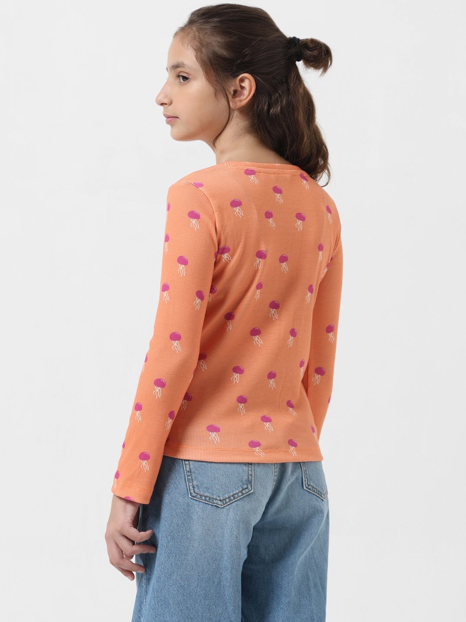 VERO MODA GIRL Orange Printed Full Sleeves T-Shirt