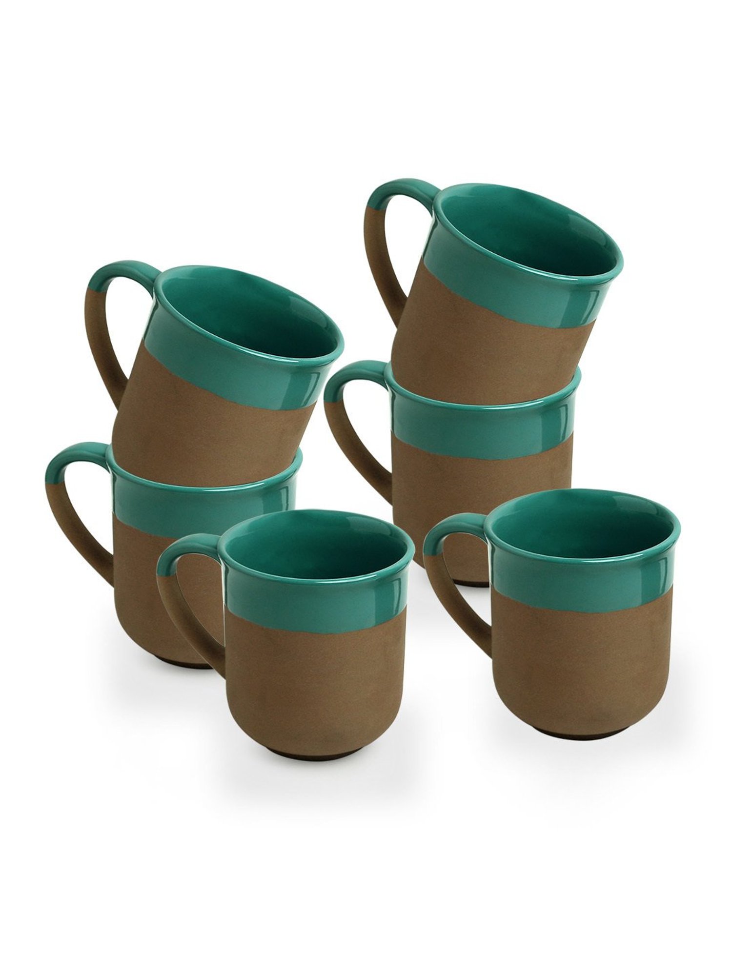 ExclusiveLane Turquoise Blue & Earthen Brown Ceramic Coffee Mugs - Set of 6 (360ml)