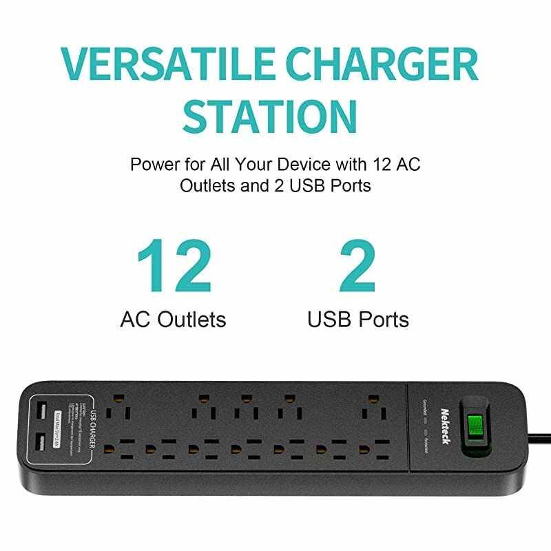 Power Strip Flat Plug  Surge Protector with 2 USB Port and 12 AC Outlet 6ft Heavy Duty Extension Cord Wall Mount Charging Station for Home Outdoor Office 2390Joule 5V24A