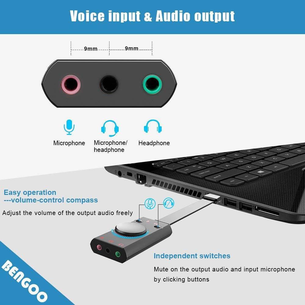 USB Sound Card Adapter BENGOO External Audio Adapter Stereo Sound Card Converter 3.5mm AUX Microphone Jack for Gaming Headset Earphone PS4 Laptop Desktop Windows Mac OS Linux, Plug Play