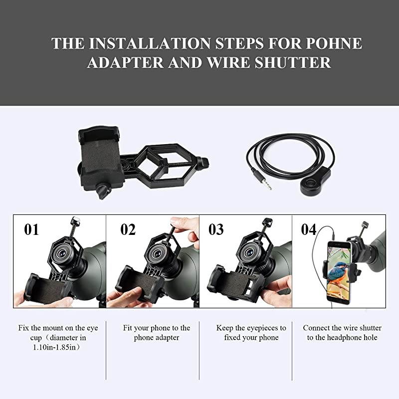 Cell Phone Adapter Mount + Wire Shutter Universal Smartphone Quick Photography Connector with Shutter Wire Control for Telescope Binoculars Monocular Spotting Scope Microscope Tripod