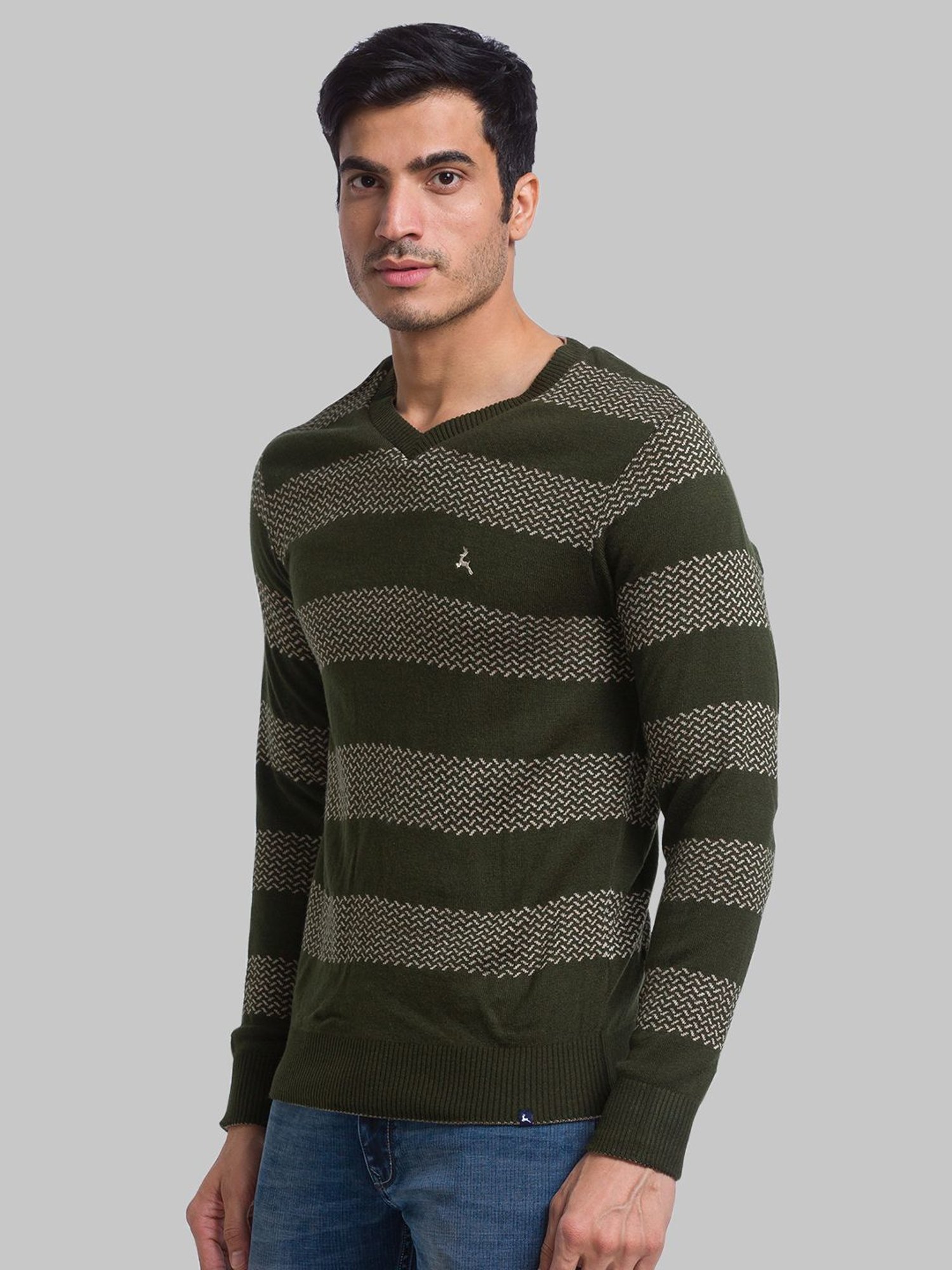 Parx Green Regular Fit Striped Sweater