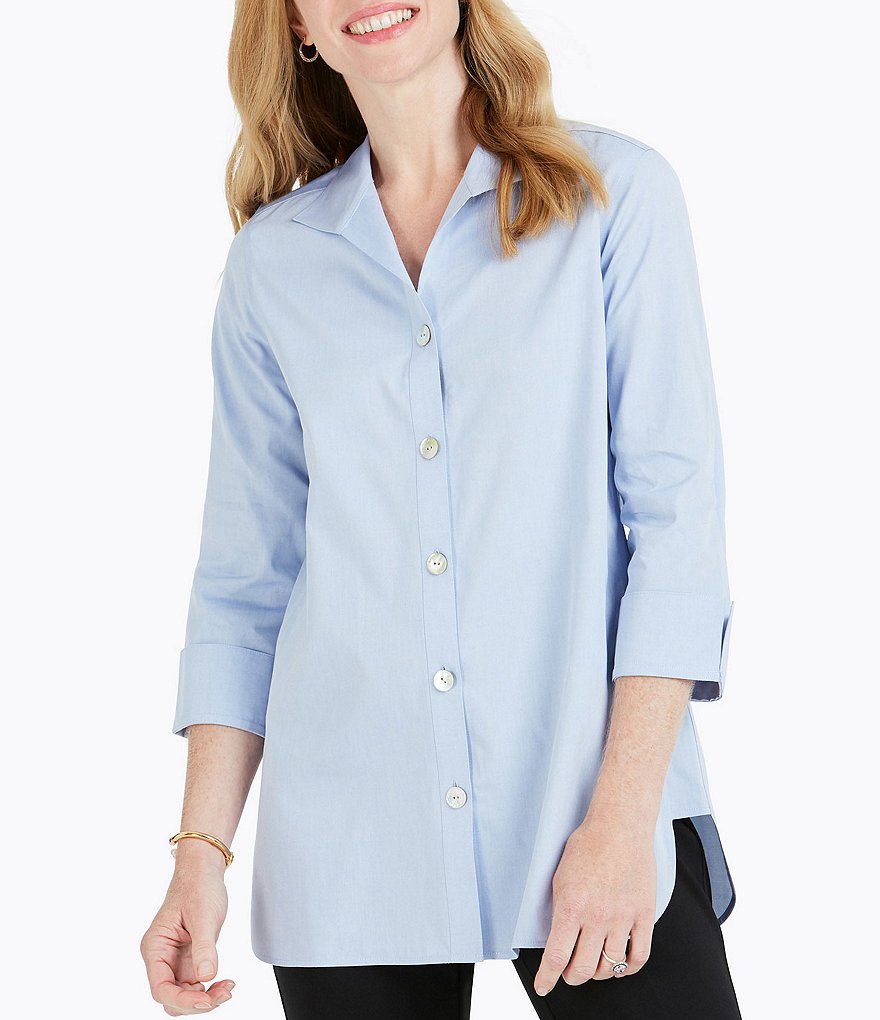 Foxcroft Pandora Solid Non-Iron Pinpoint Oxford Button Front Wing Collar Neck 3/4 Sleeve Tunic
