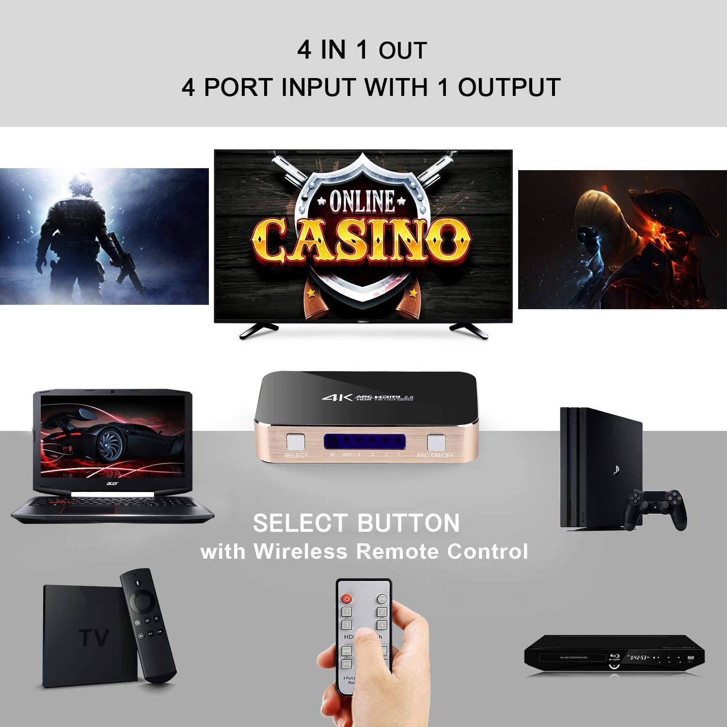 HDMI Switch with Audio Extractor, 4K@60Hz 4 Port 4 in 1 Out HDMI Switcher with Optical TOSLINK SPDIF, 3.5mm Audio Jack Support ARC Function, 1080P @120Hz, 4Kx2K@60Hz HDTV (IR Wireless Remote Control)