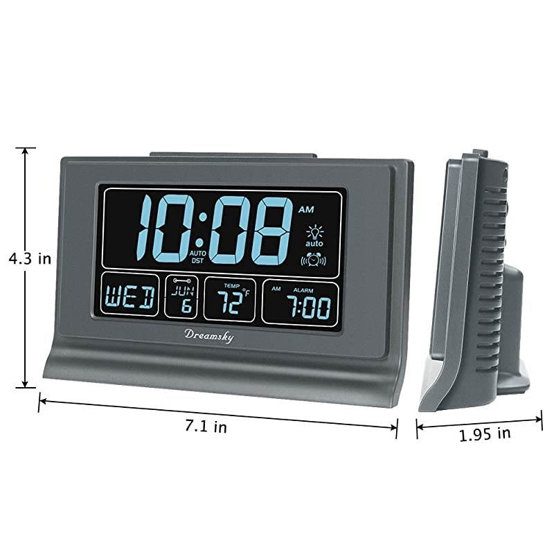 Auto Set Digital Alarm Clock with USB Charging Port 66 Inches Large Screen with TimeDateTemperature Display Full Range Brightness Dimmer Auto DST Setting Snooze Gray