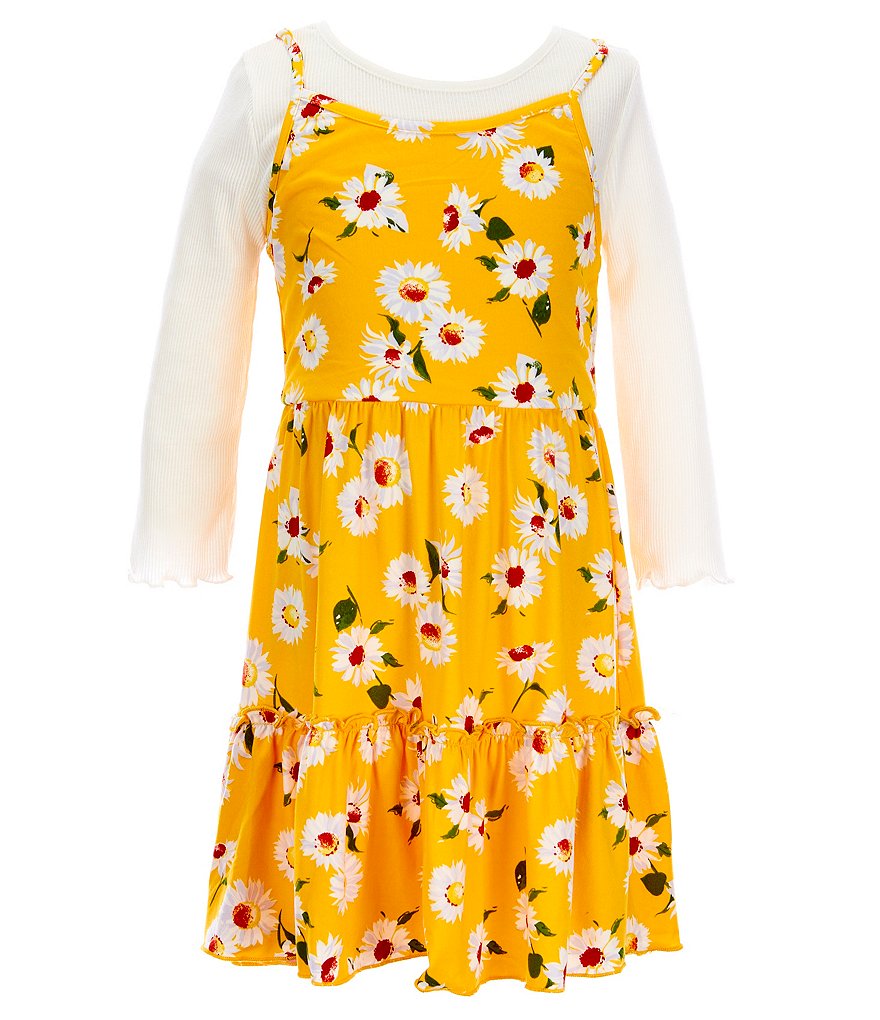 Zunie Big Girls 7-12 Ribbed Top Denim Vest Floral Tiered Dress Set