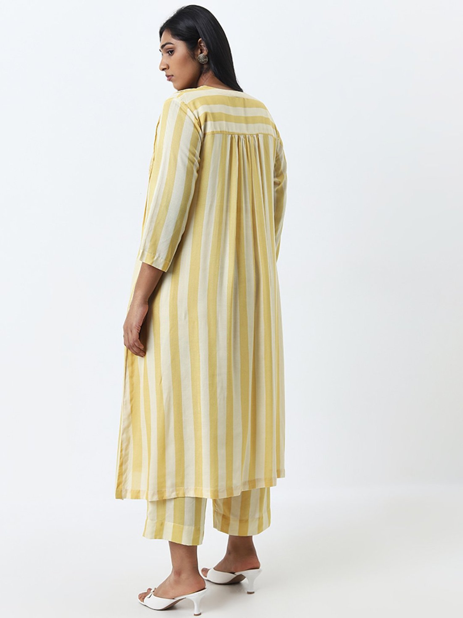 Diza by Westside Yellow Striped Pintuck Detailed A-Line Cotton Kurta