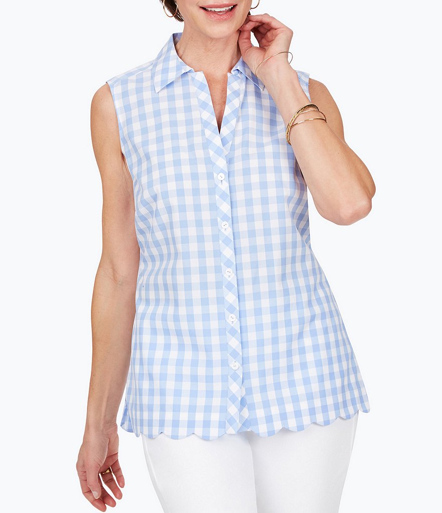 Foxcroft Lilith Gingham Sleeveless Point Collar Button Front Blouse