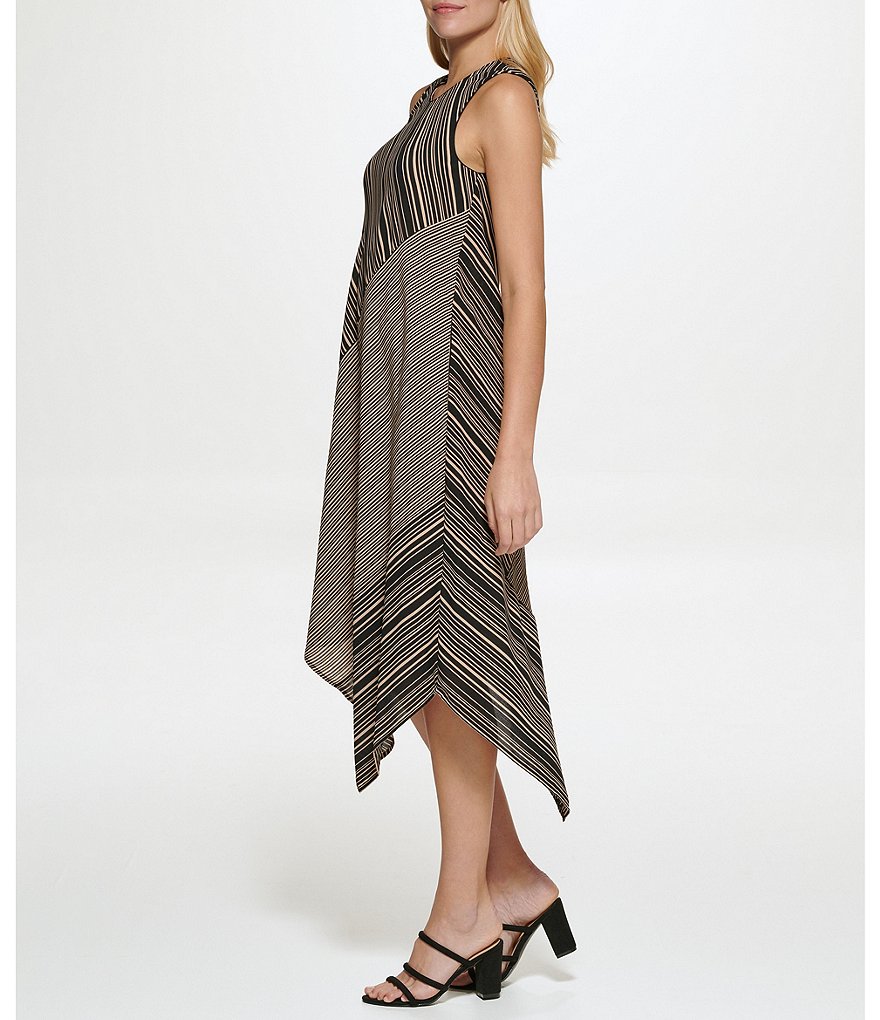 Donna Karan Blocked Stripe Mix Asymmetric Hem Jewel Neck Sleeveless Midi Dress