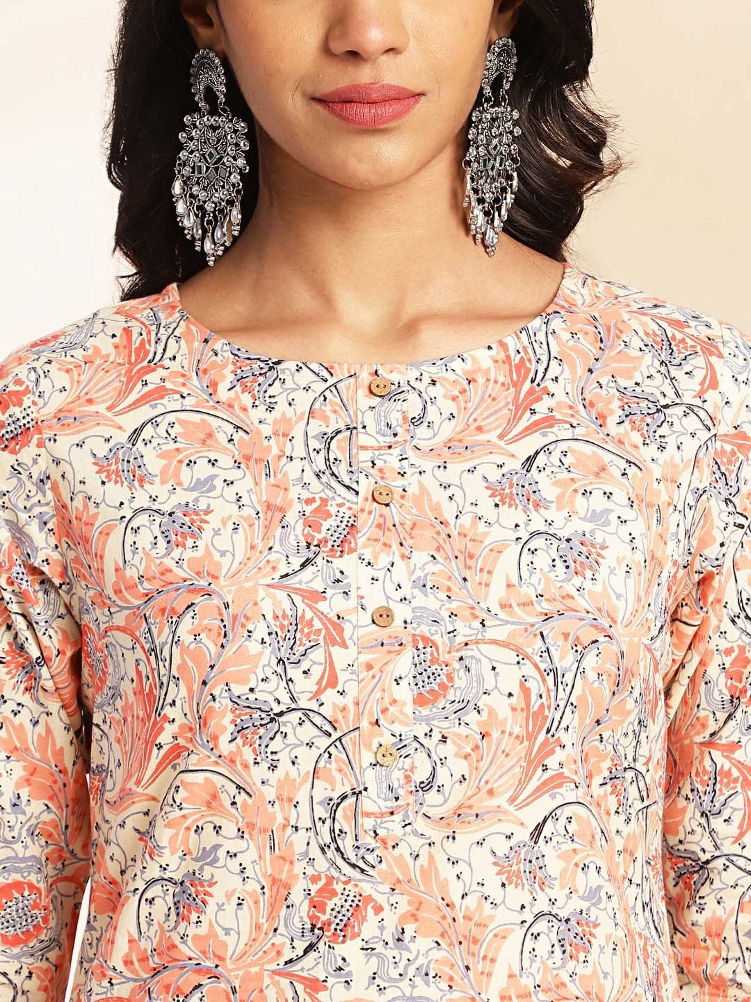 Janasya Beige Cotton Floral Print Kurta Pant Set