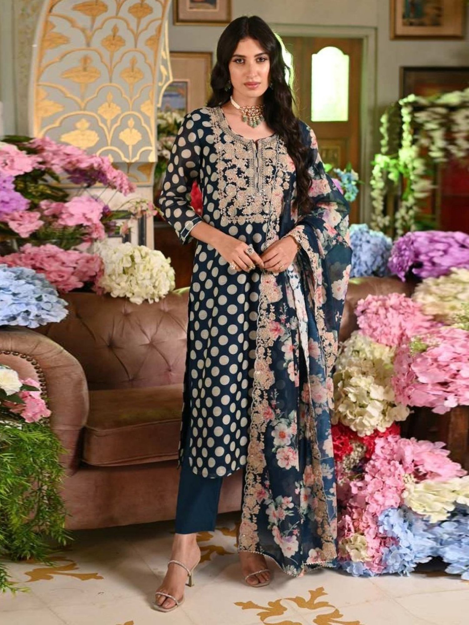 Mahee Jaipur Blue Polka Dot Chanderi Kurta with Pant and Dupatta