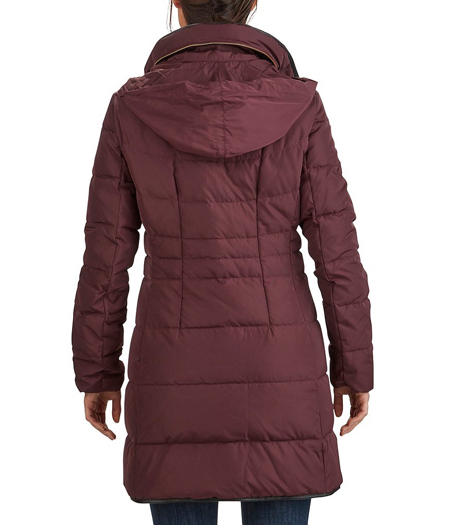 Kenneth Cole New York Short Water-Resistant Stand Collar Hooded Long Sleeve Chevron Puffer Jacket