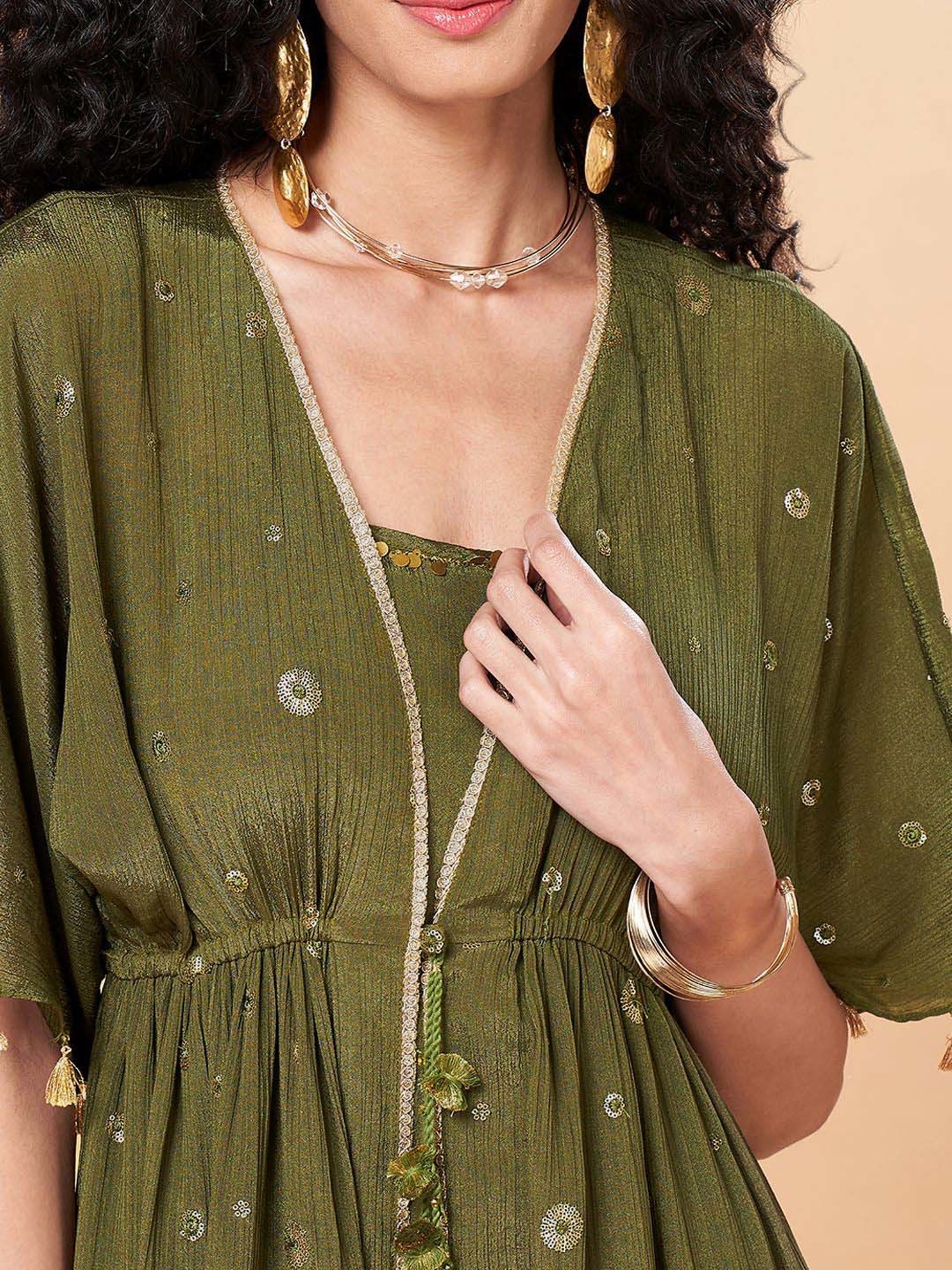 Marigold Lane Green Embellished Jumpsuit With Jacket