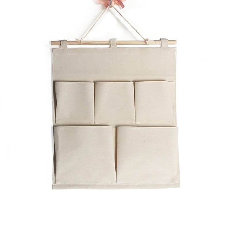 Linen/Cotton Fabric 5 Pockets Wall Door Closet Hanging Storage Bag Organizer,13.8" Wx 17.7" H (5 Pockets-Beige White)