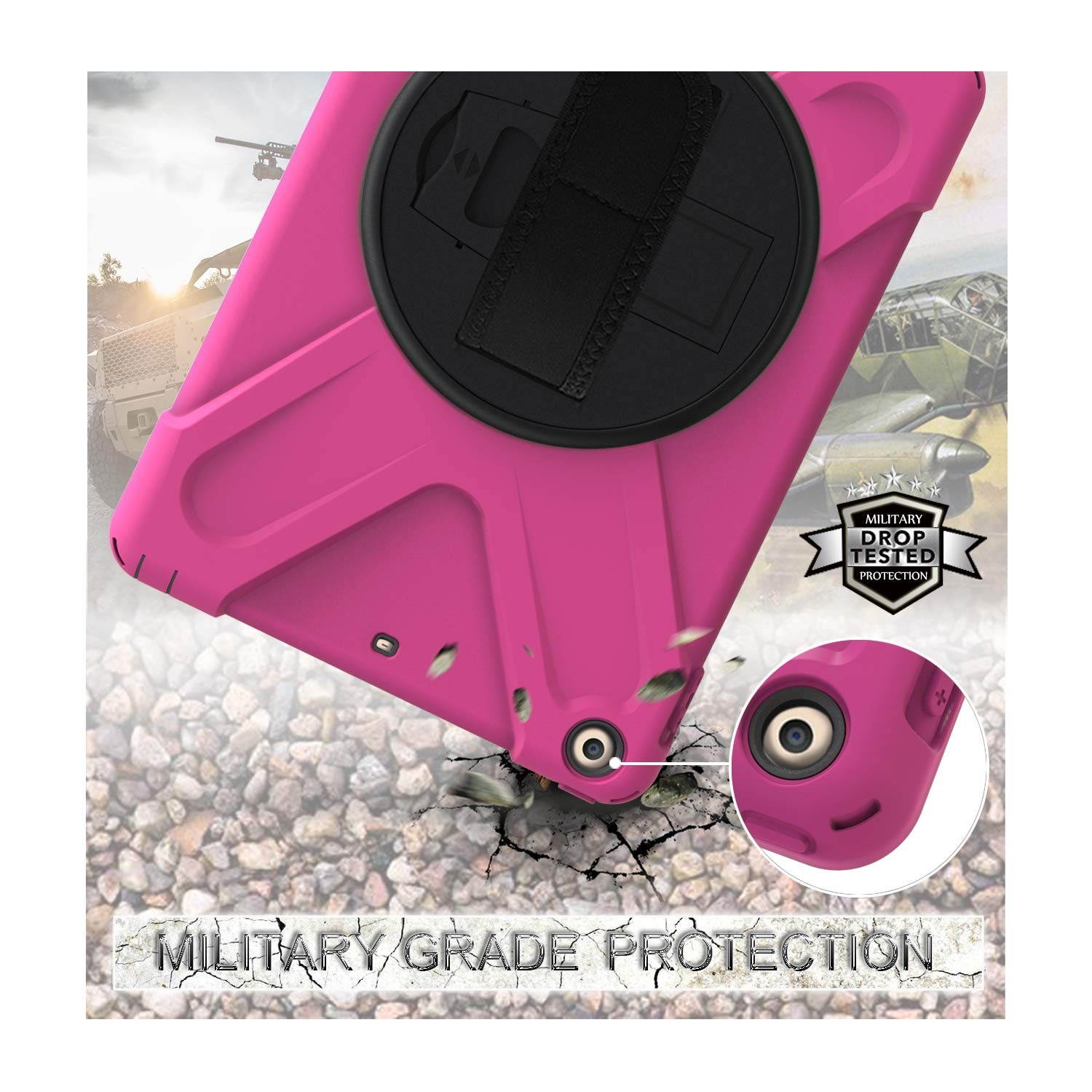 iPad 9.7 2017/2018 5th 6th Gen Case, KIQ Shockproof Heavy Duty Case Cover Kickstand Carrying Sling Strap Tempered Glass Screen Protector for Apple iPad 5th 6th Gen (Shield Hot Pink)