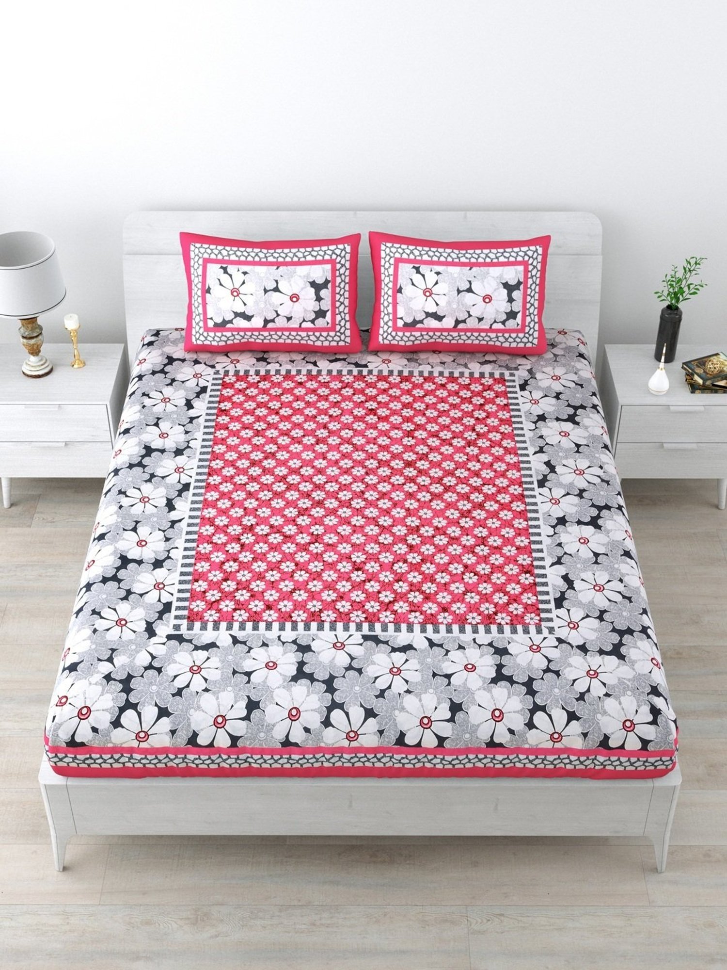 Living Roots Jaipuri Pink & Grey 210 TC Cotton Queen Bed Sheet with 2 Pillow Covers