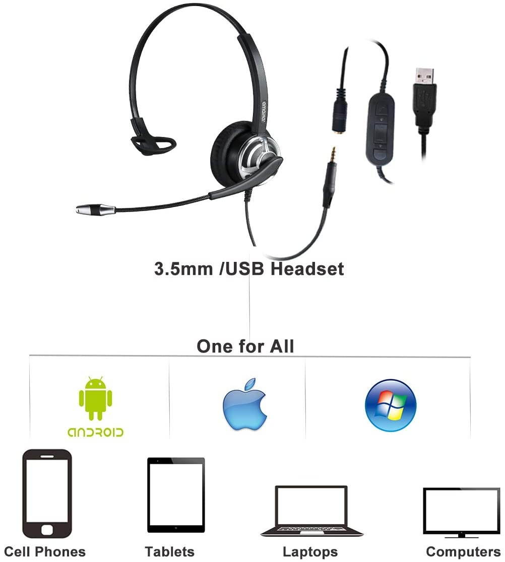 3.5 to USB Computer PC Headset with Noise Canceling Mic3.5mm Jack One Ear Cell Phone Headphone with Mic for iPhone Samsung Galaxy Huawei BlackBerry Mi and iPad Tablet Laptop Mac Skype Teams Dragon