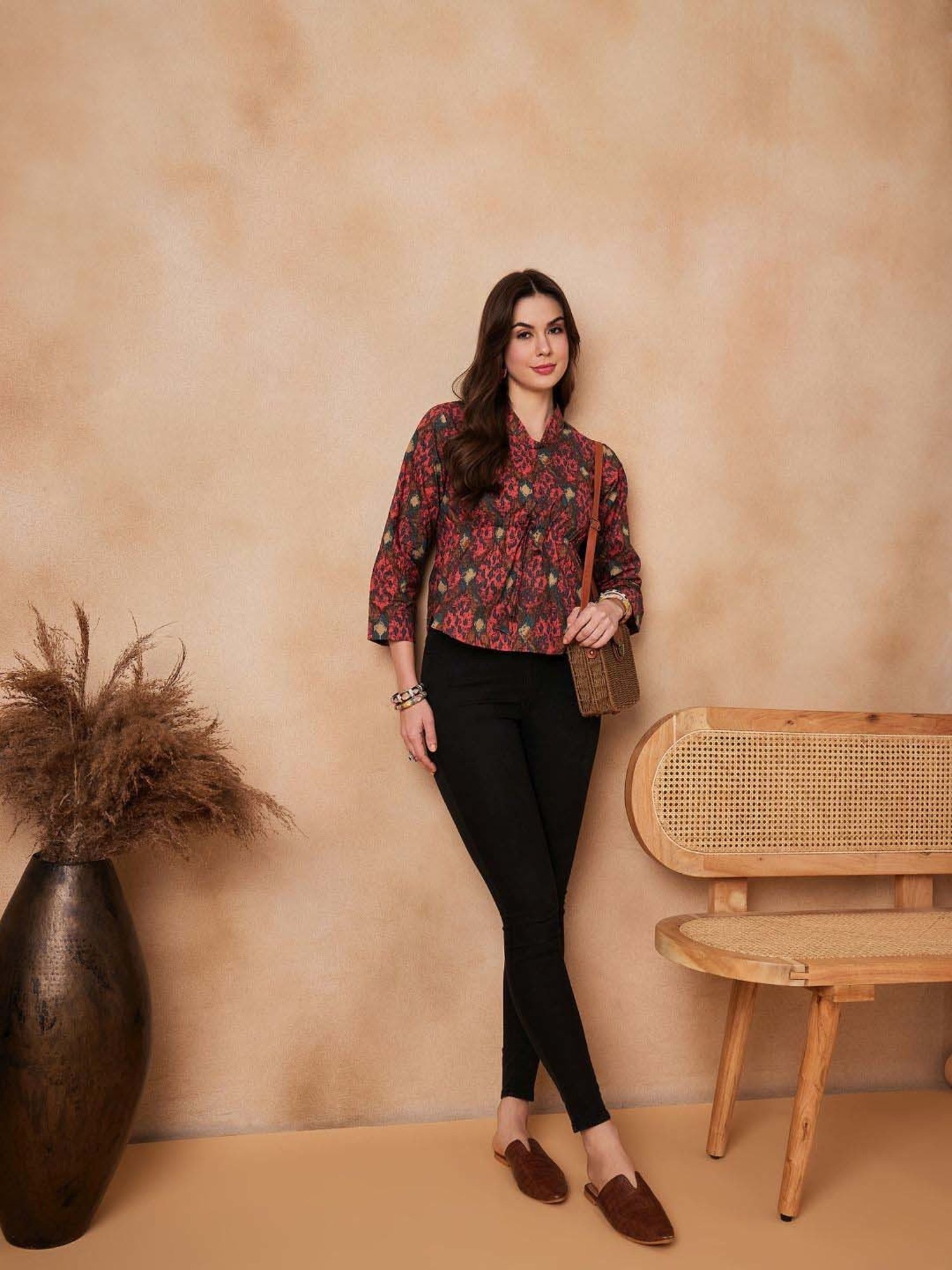 Inweave Coral & Blue Cotton Printed Top