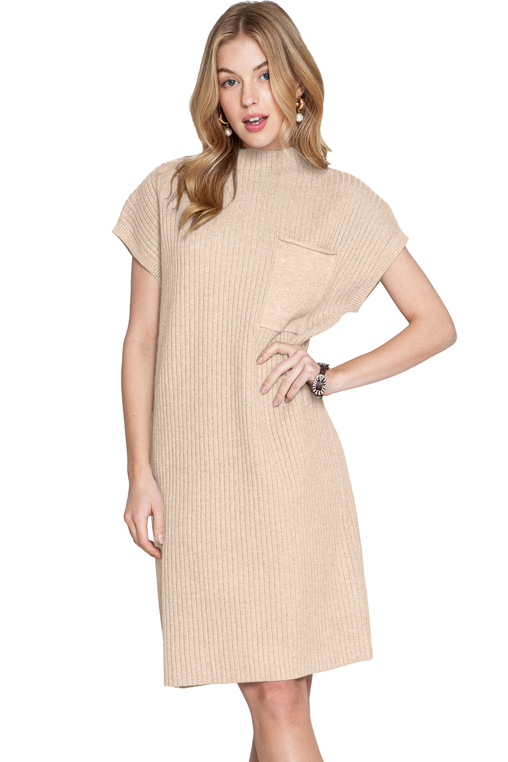 Oatmeal Patch Pocket Ribbed Knit Short Sleeve Sweater Dress