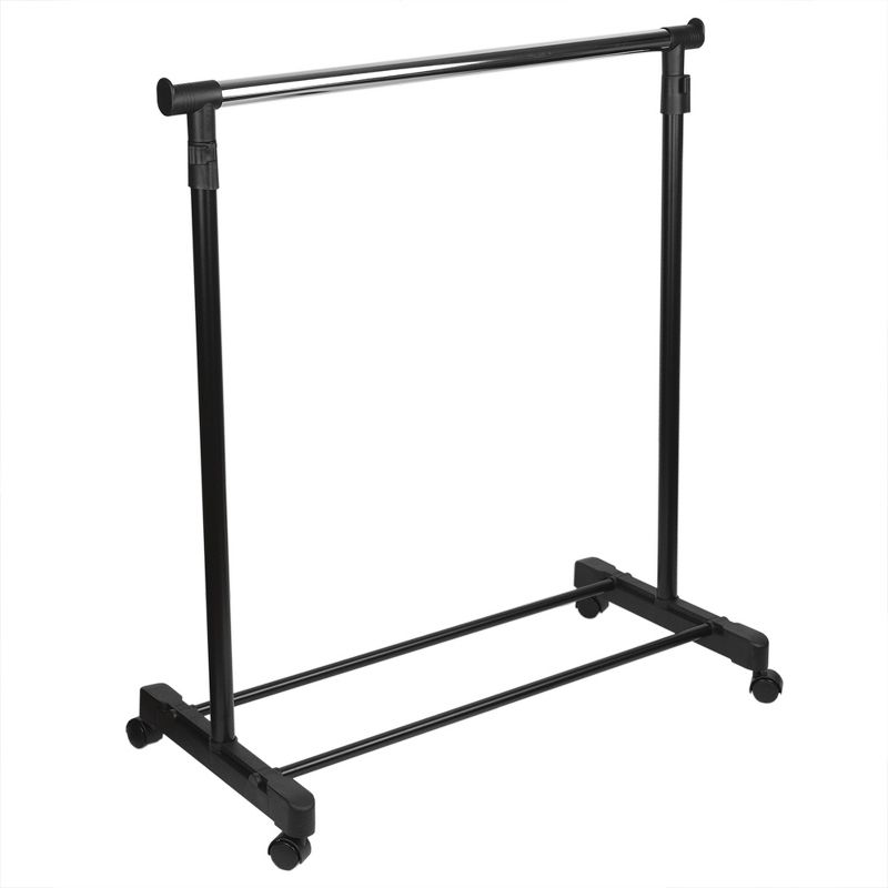 Sunbeam Single Rail Adjustable Rolling Garment and Wardrobe Organizing Rack, Black