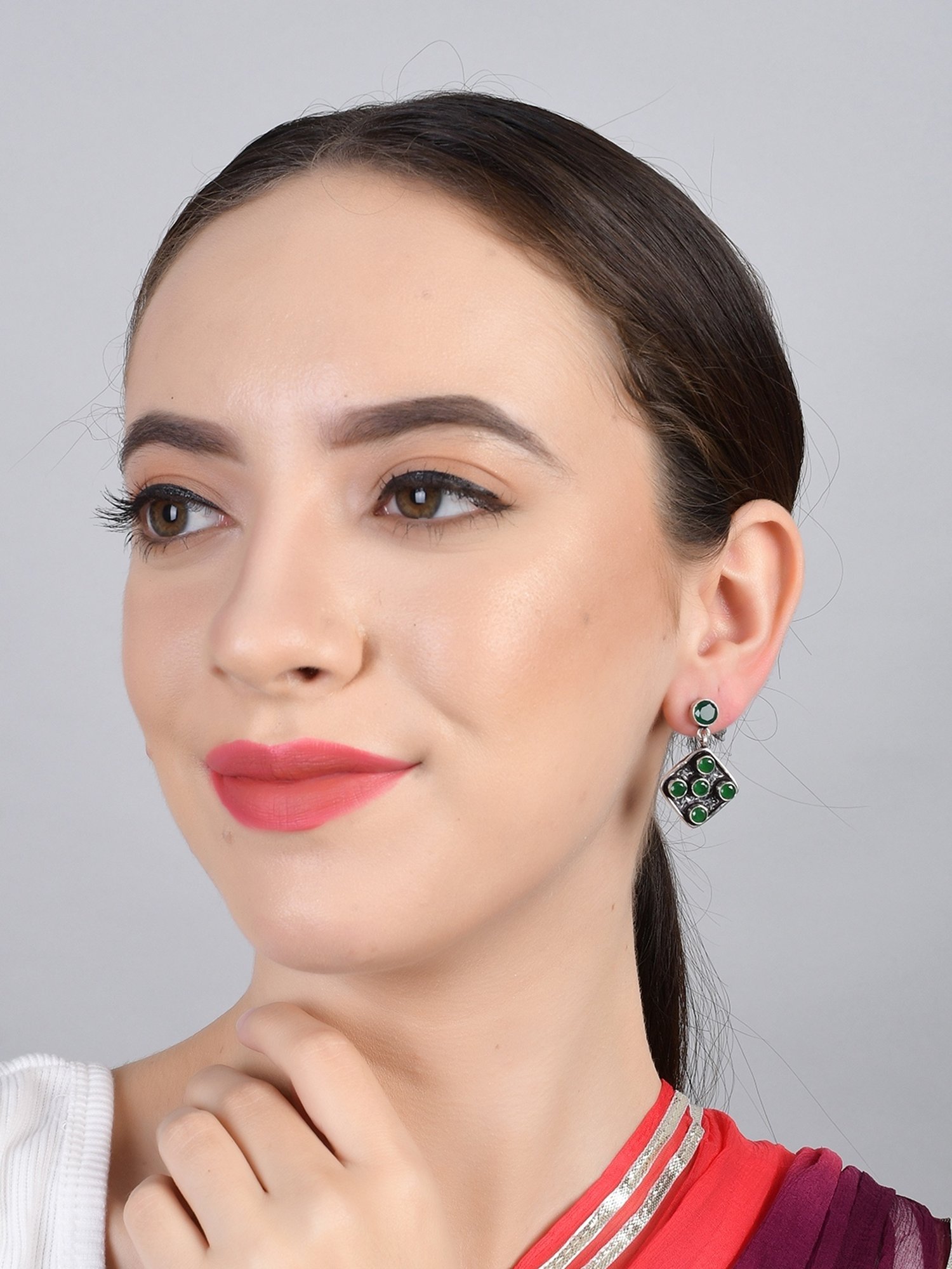 Imli Street Green Silver Tone Stone-Studded Handcrafted Dangler Earrings