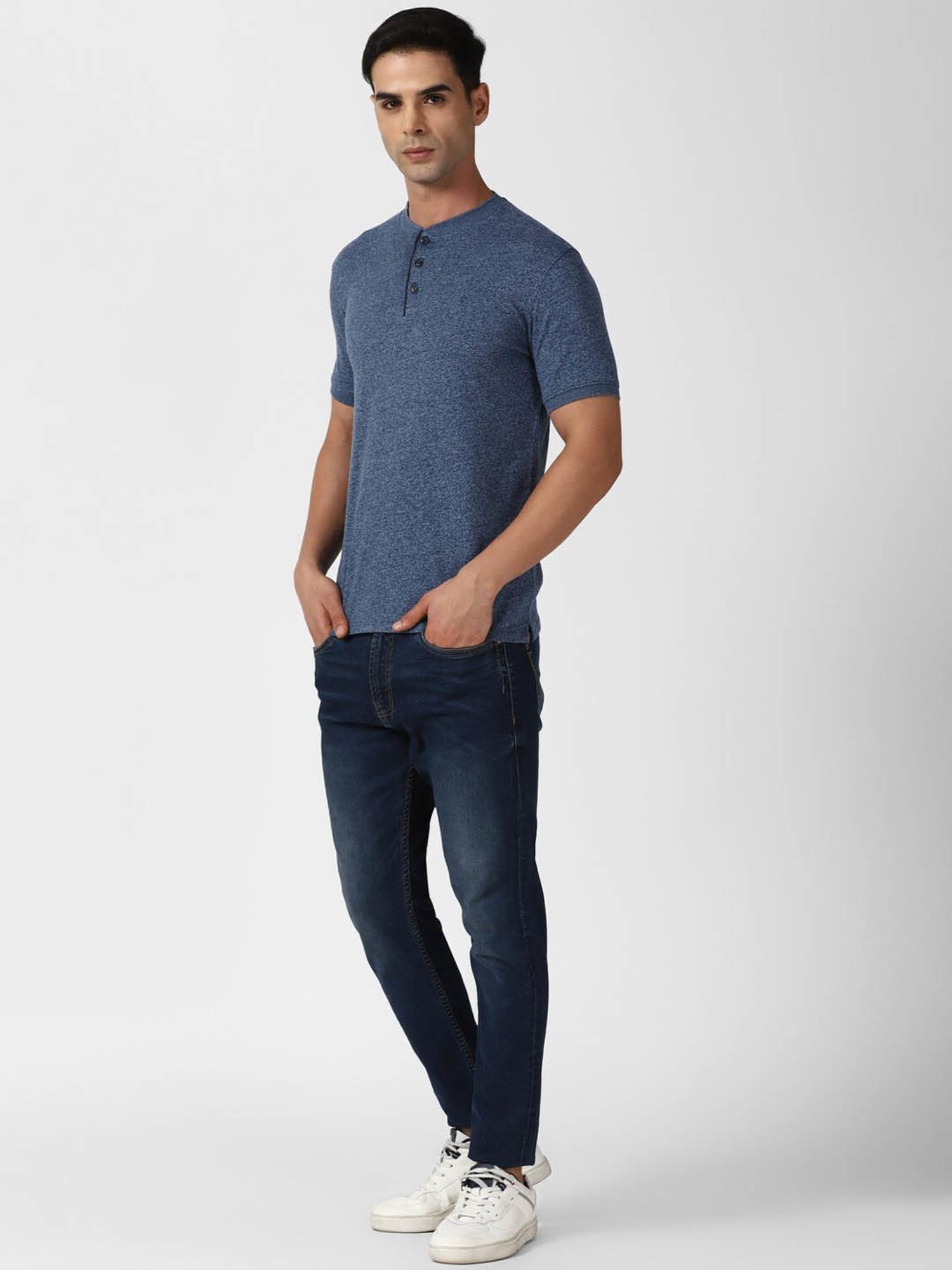 V Dot Blue Slim Fit Texture Henley T-Shirt