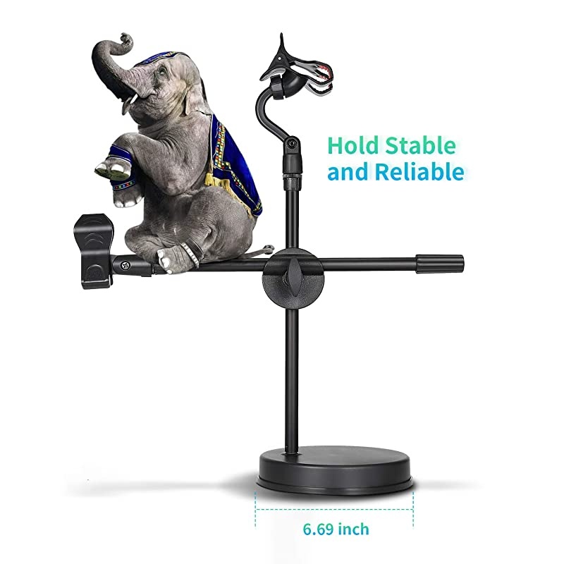 Desk Microphone Stand with Smartphone Holder, Adjustable mic stand with Non-Slip mic holder clamp, Heavy Round Base