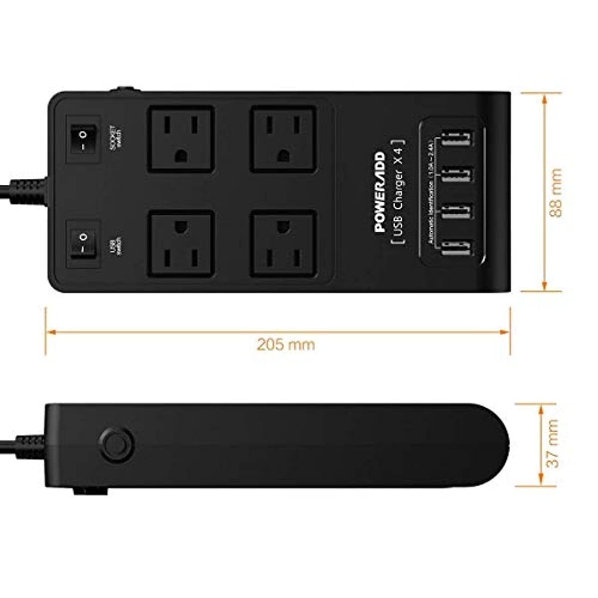 POWERADD Power Strip Surge Protector 3500J 4-Outlets 4 Fast Charging USB Ports 6ft Extension Cord with UK/AU/EU Adapter for International Travel,Home Appliance,Office,Computer,Printor,Phones