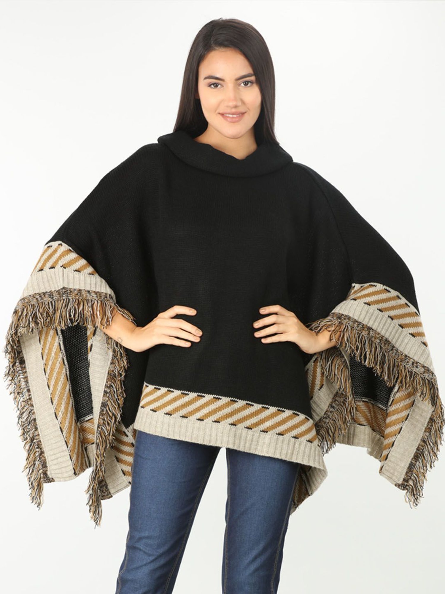Mustard Black Regular Fit Poncho