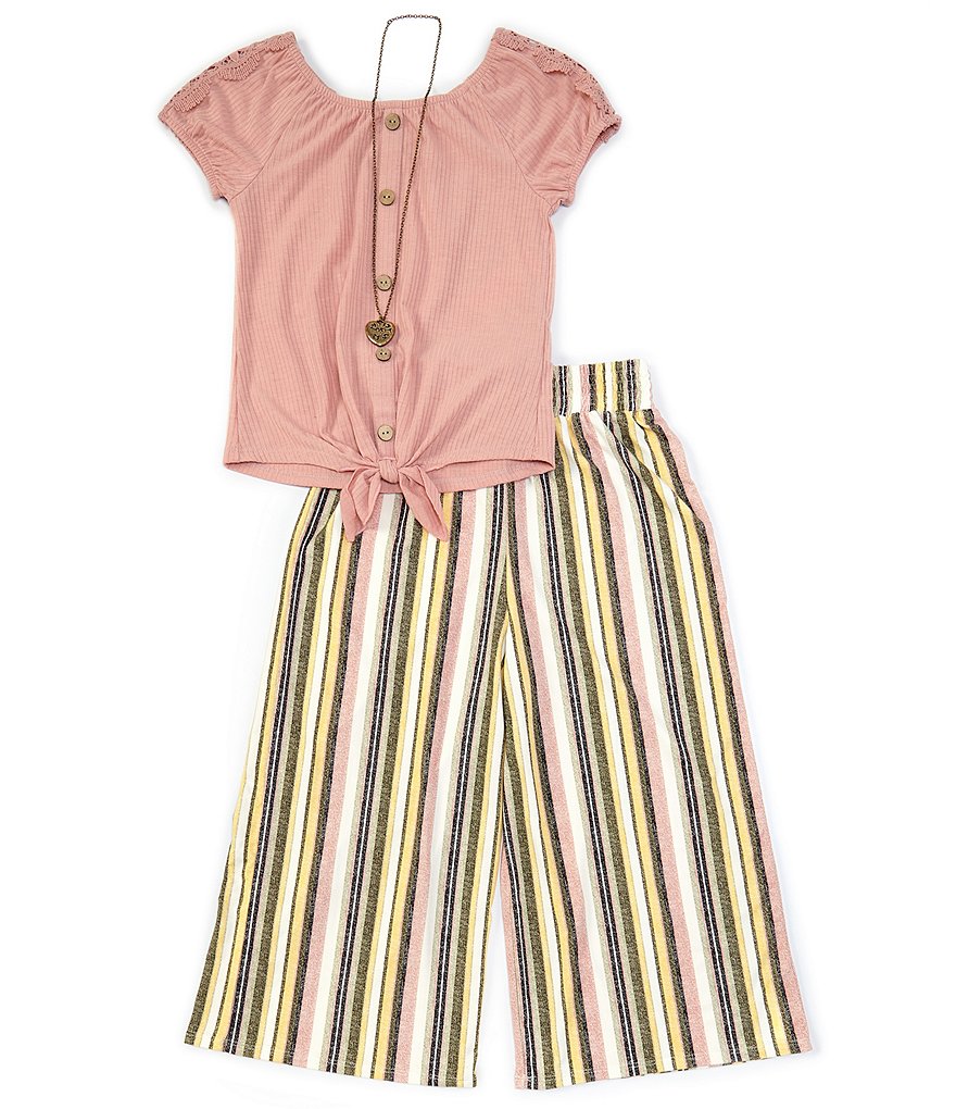 Ally B Big Girls 7-16 Puff-Sleeve Rib-Knit Top & Striped Palazzo Pant Set