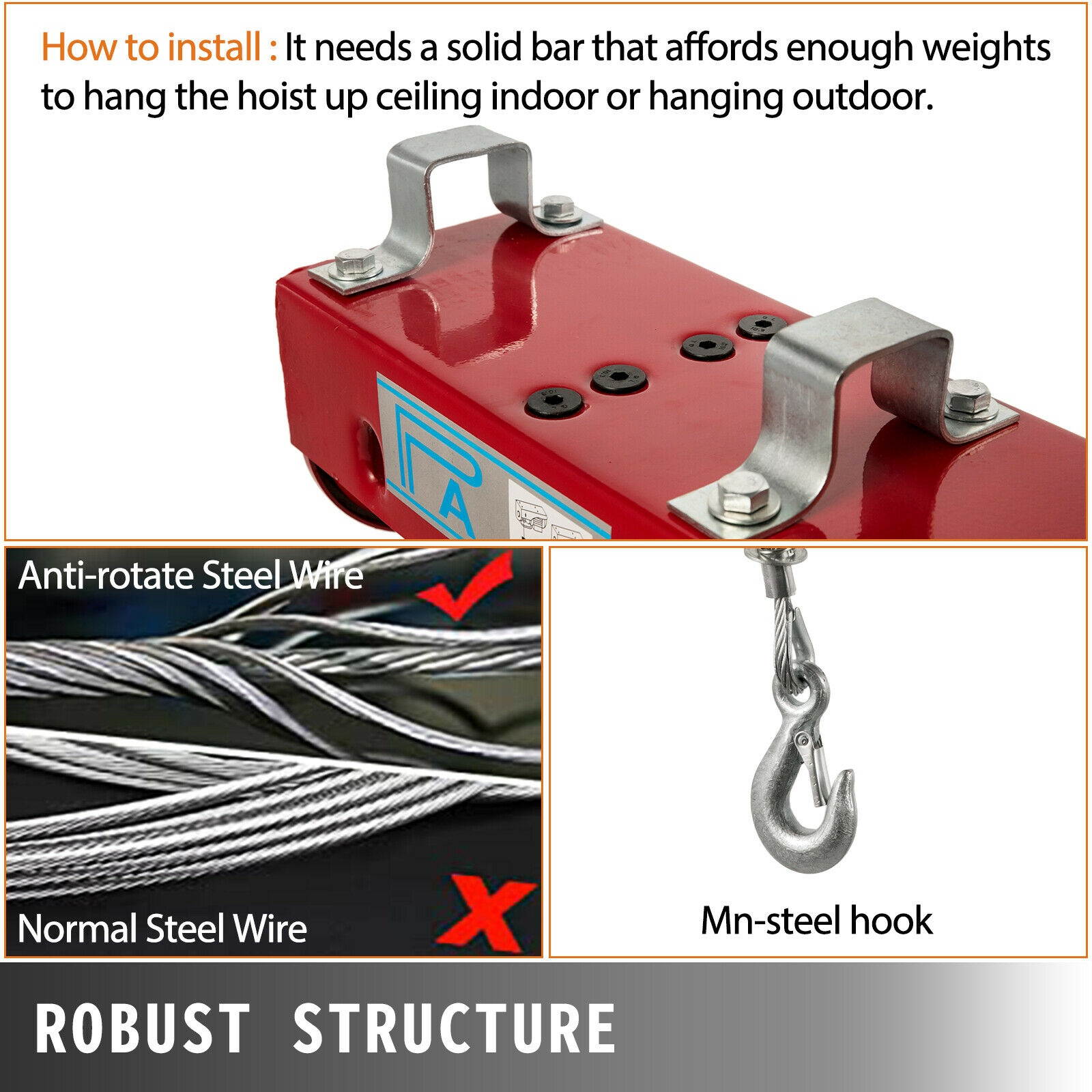 PA1000 2200LB Electric Wire Hoist Winch Hoist Crane Lift 40ft W/ Remote Control