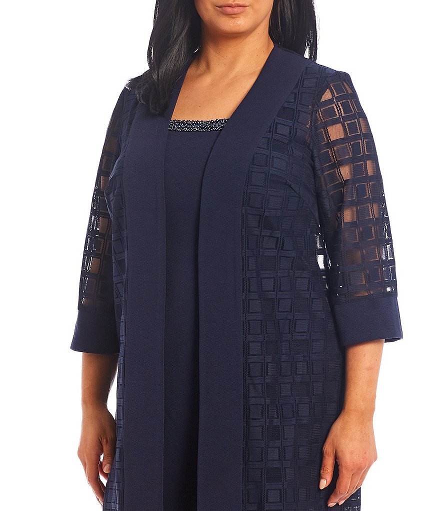 Le Bos Plus Size Square Neck 3/4 Sleeve Duster 2-Piece Jacket Dress