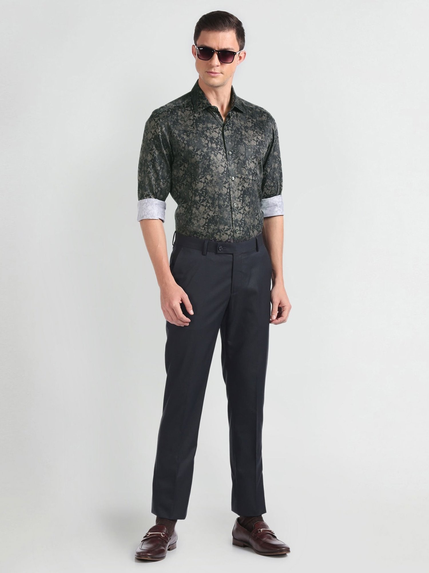 Arrow Navy Blue Cotton Slim Fit Printed Shirt