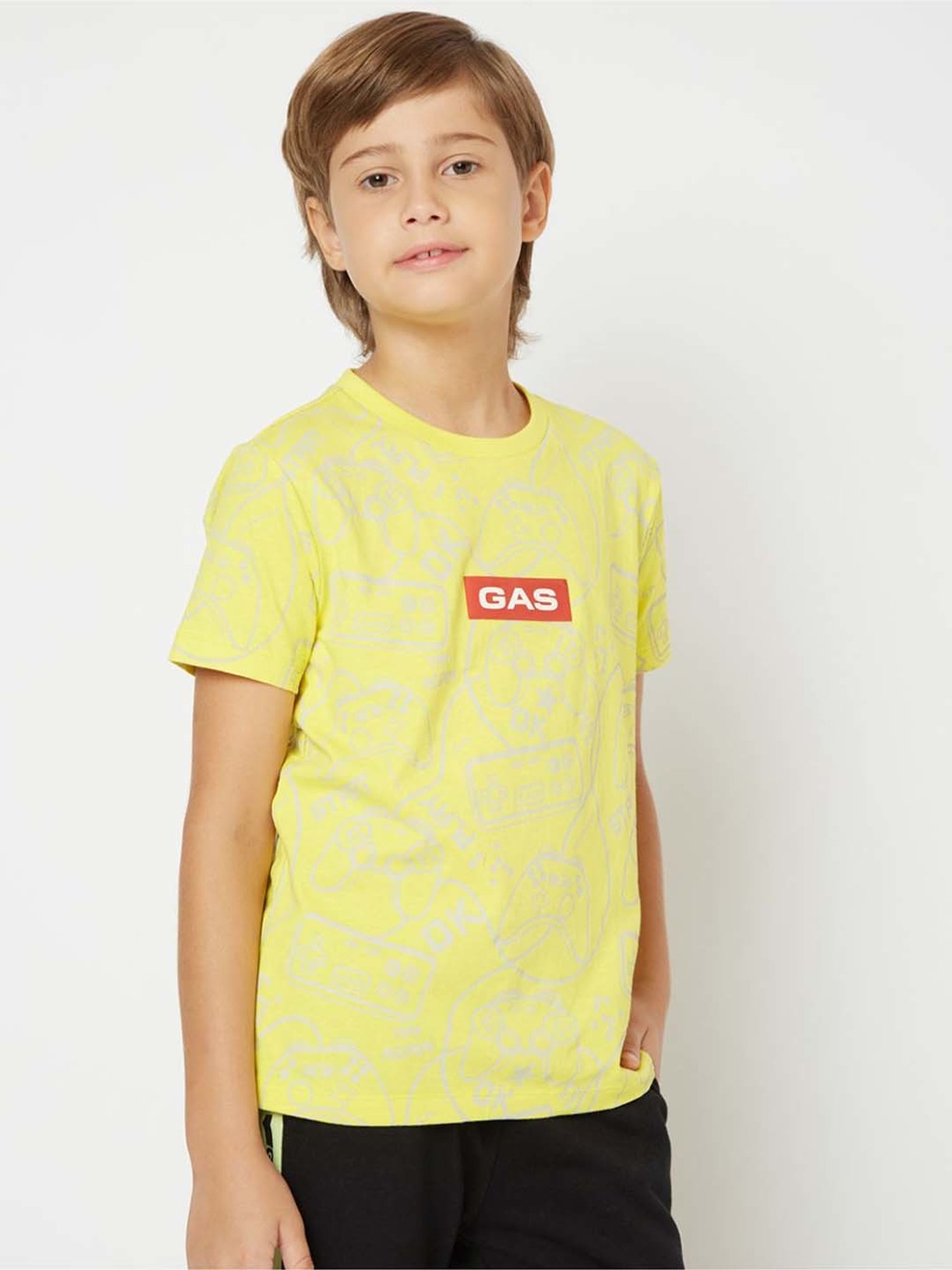 Gas Kids Vibrant Yellow Cotton Printed T-Shirt