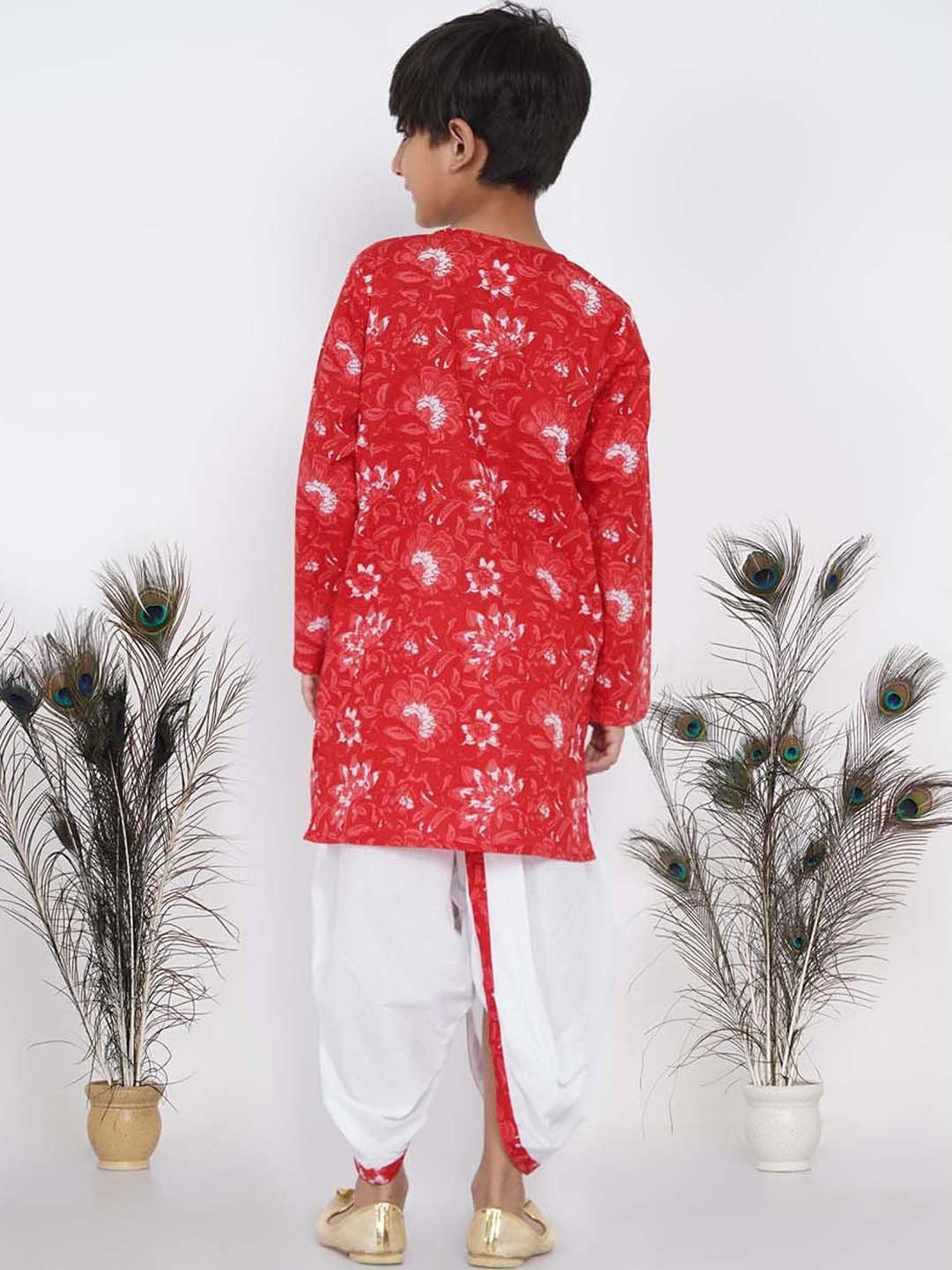 Little Bansi Kids Red & White Cotton Floral Print Kurta Set