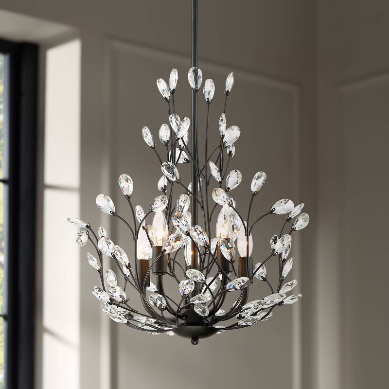 Regency Hill Aurine 18" Wide Matte Black and Crystal Floral 5-Light Chandelier