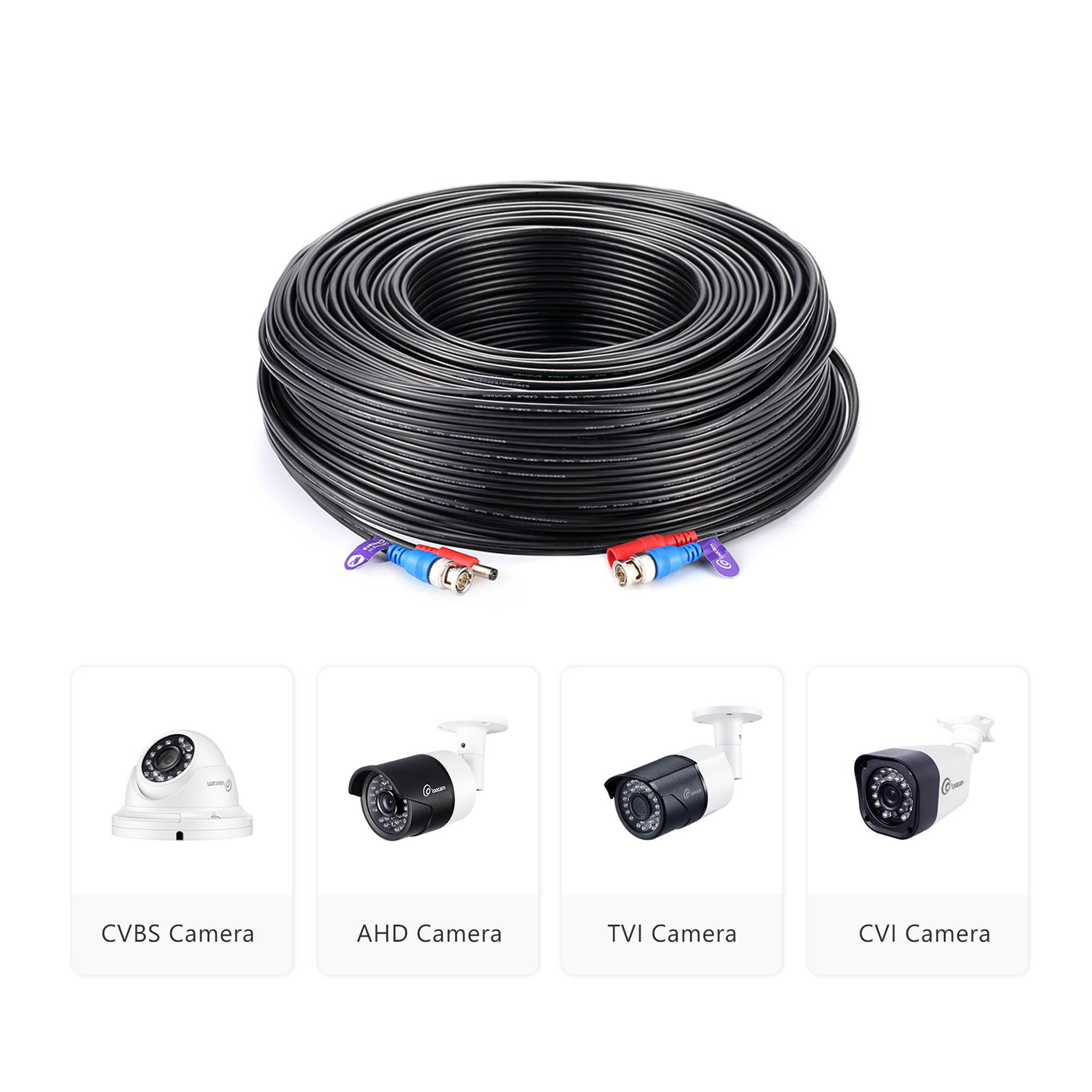 Loocam 300FT 90M BNC Cable RG59 Cable Coaxial Cable for CCTV Security Camera, DC+Video BNC Extension Cable Cord Surveillance Camera  Cable Extension Video Power(80015)