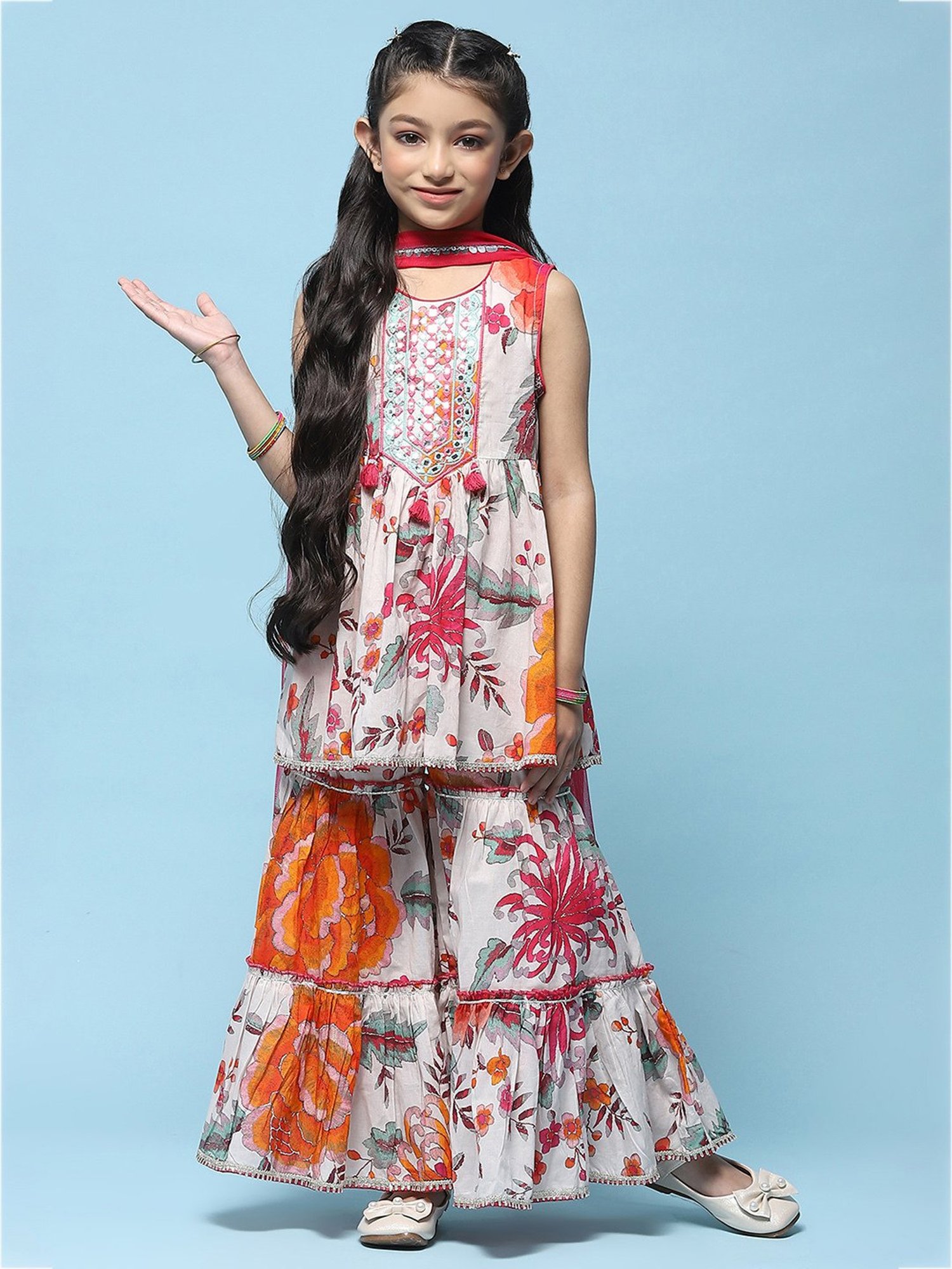 BIBA Girls White & Pink Printed Kurta, Sharara with Dupatta