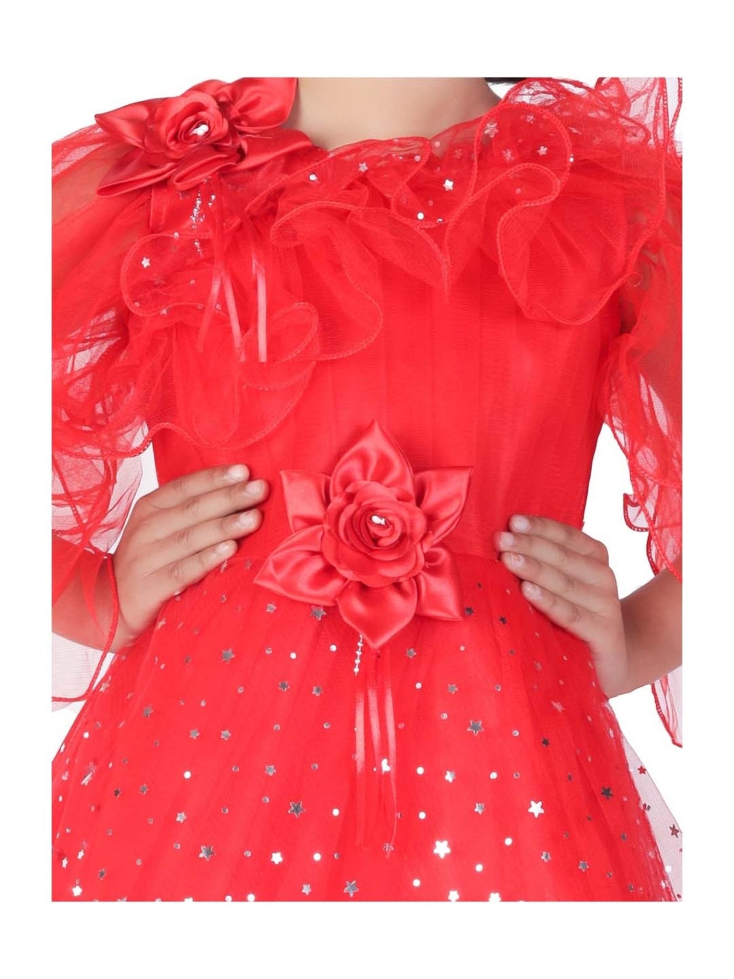 Ahhaaaa Kids Red Cotton Sequence Dress