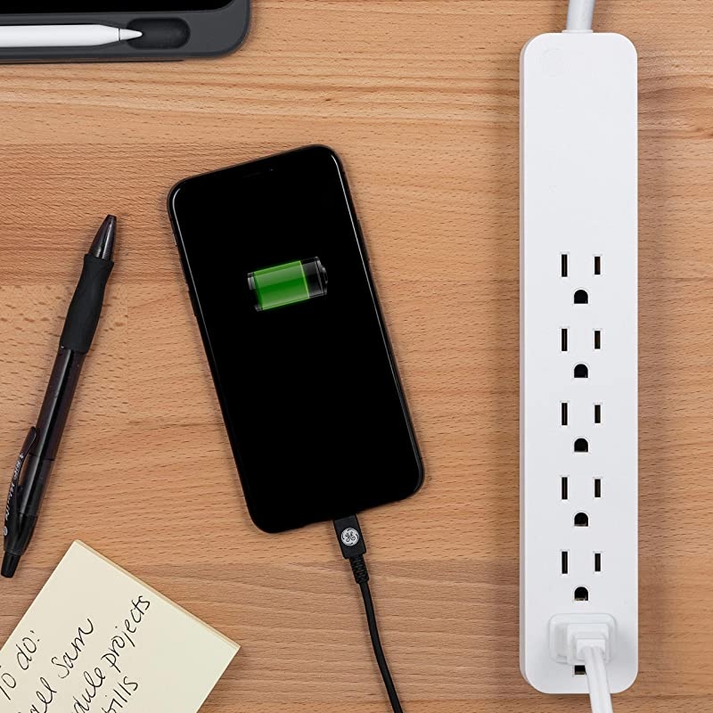 White Strip Sur Protector 2 Pack 6 Outlets Flat Plug Long Power Cord 2Ft Wall Mount 46867 2 Ft