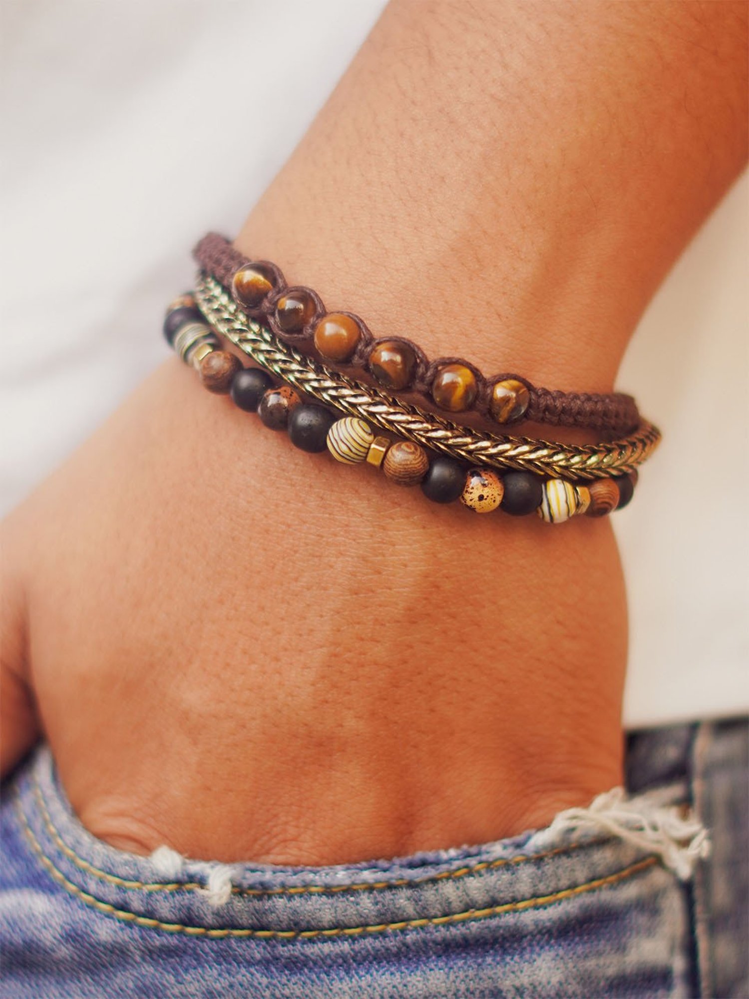 The Bro Code Black Multipack Elasticated Semi Precious Beaded Bracelet for Men - Set of 3